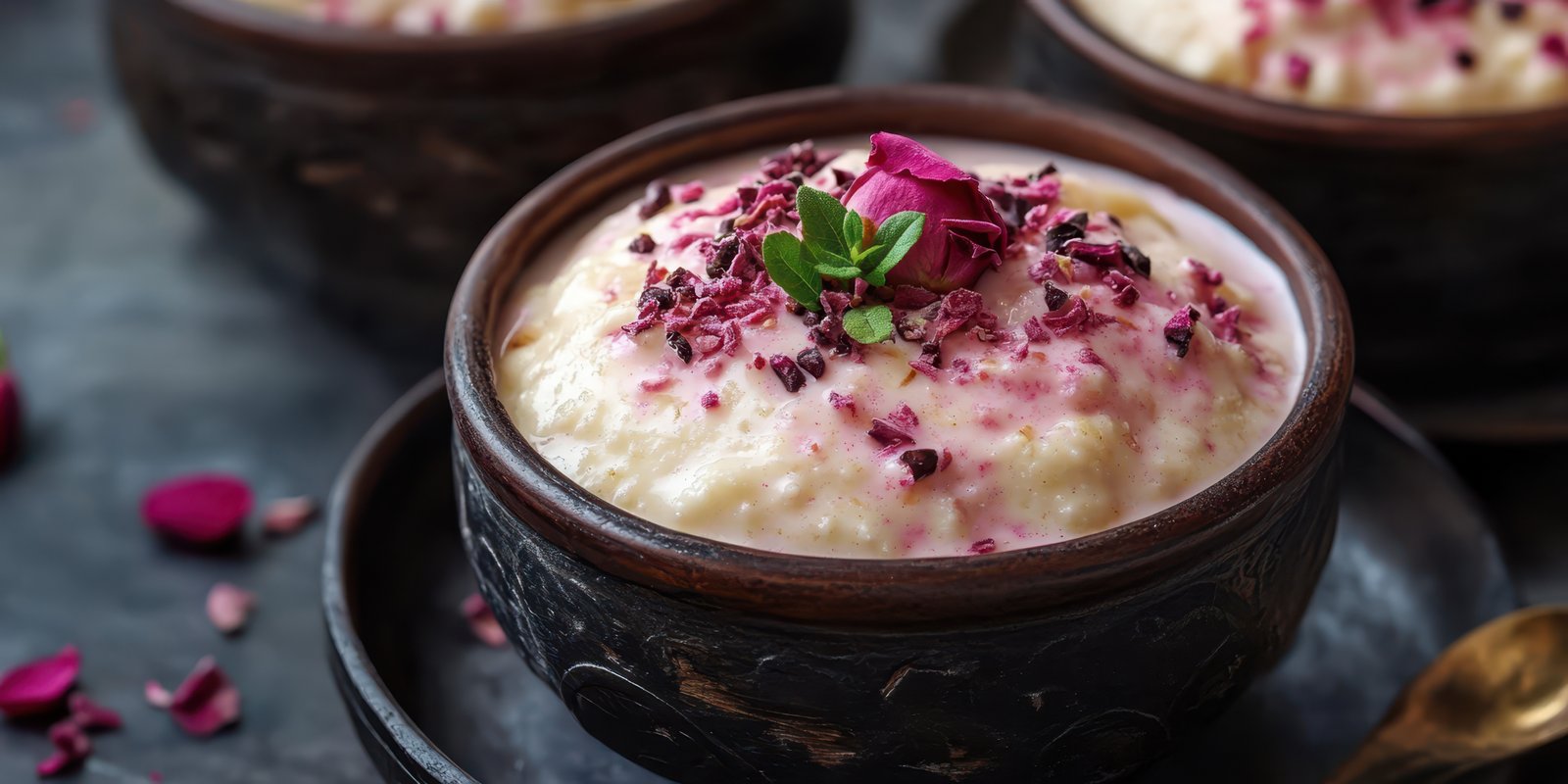 Traditional dessert bowl with fragrant rose petal garnish in rustic setting